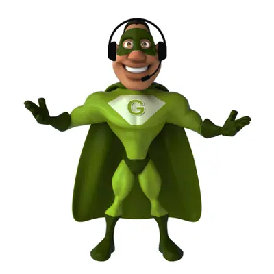 image of Eugene a Green Bin Superhero with headphones