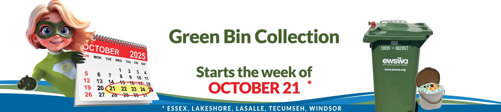 Girl with calendar with the third week of October highlighted, a green bin, and a Kitchen Catcher